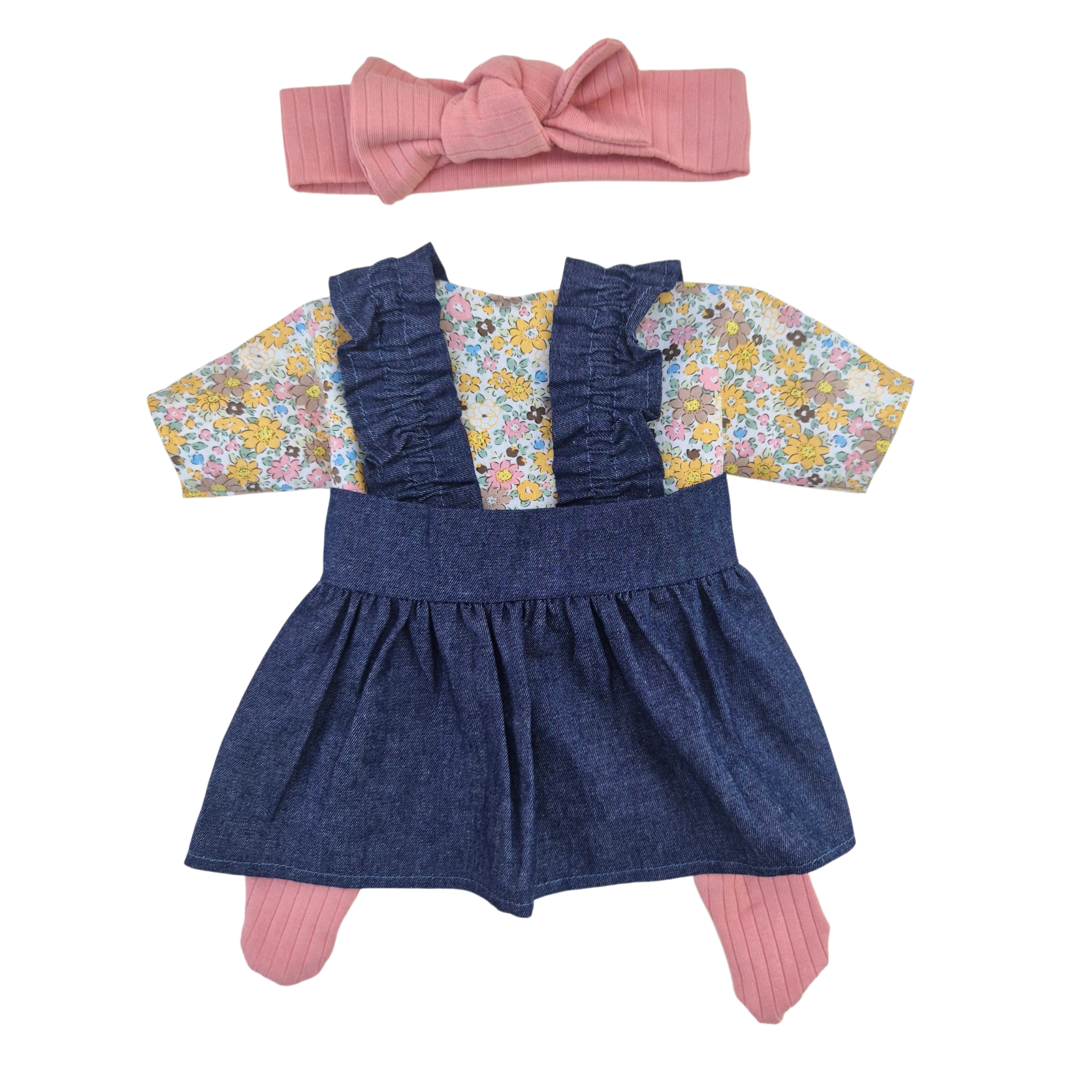 JUSTINE - robe bretelle + chemise liberty jaune + collant et bandeau rose
