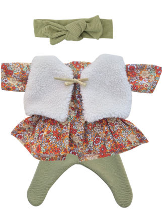 JUSTINE - Robe liberty rouge + bandeau et collant vert et gilet