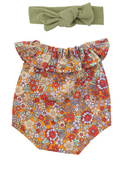 JUSTINE - Barboteuse liberty rouge + bandeau vert