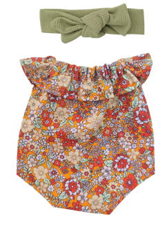 JUSTINE - Barboteuse liberty rouge + bandeau vert