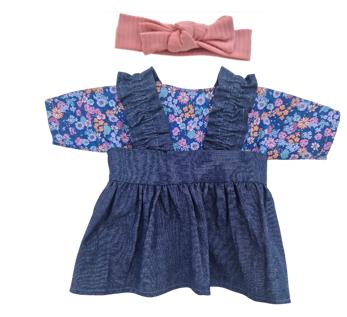 JUSTINE - robe bretelles + chemise liberty bleu + bandeau rose