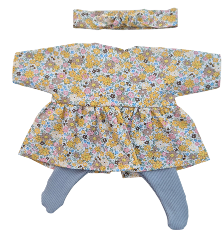 JUSTINE - robe liberty jaune + bandeau assortis et collant bleu