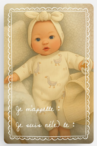 Carte de naissance pour poupon 30 - 32 cm